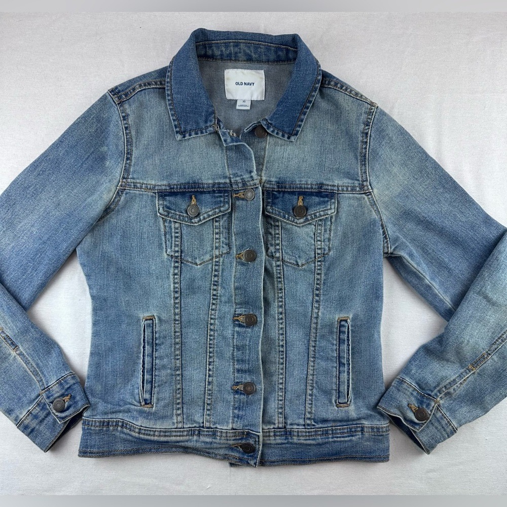 Denim Trucker Jacket Light Wash‎ Women's XS Old Navy Distressed Cotton Classic